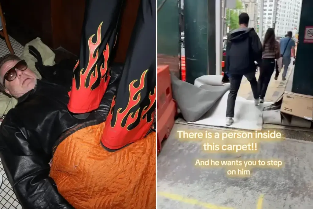 Performancekunstenaar Kevin Carpet verdeelt Amsterdammers met zijn ’tapijtheld’ stunt