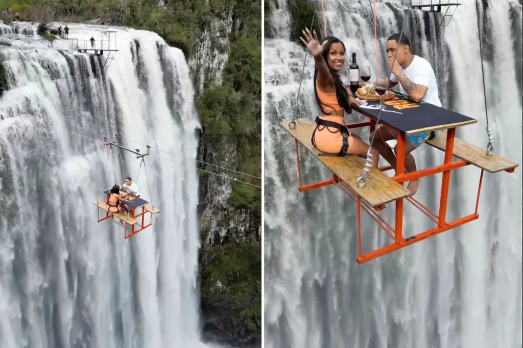 Spectaculair: stel dineert aan tafel zwevend 90 meter boven Braziliaanse waterval