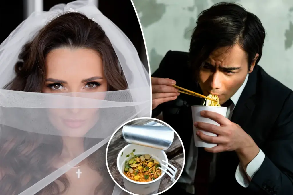 Zuinig bruidspaar serveert instant noodles op bruiloftsdiner