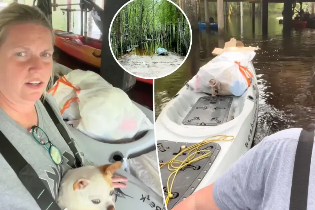 Vrouw trotseert alligatorrivier om haar afval buiten te zetten
