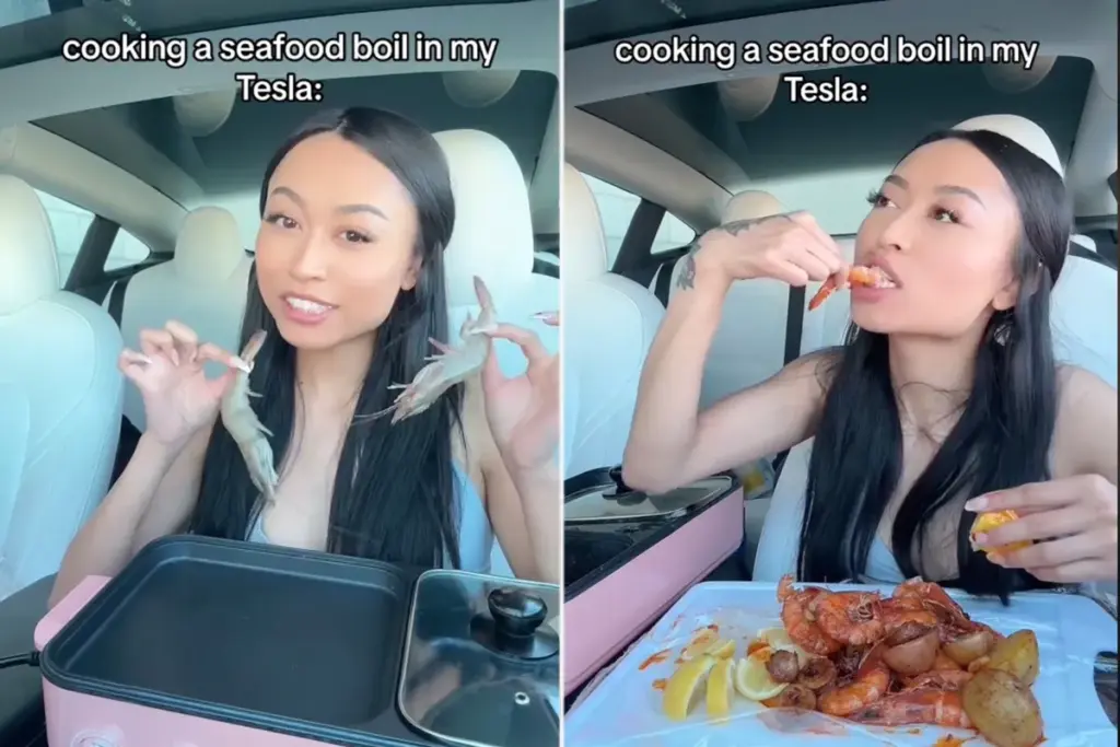 Tesla-eigenaar bereidt seafood boil in haar auto en verbaast kijkers