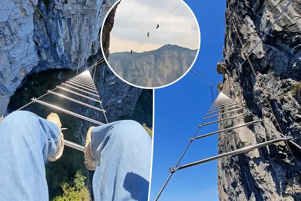 Durfals beklimmen duizelingwekkende ladder op 1.500 meter hoogte in China
