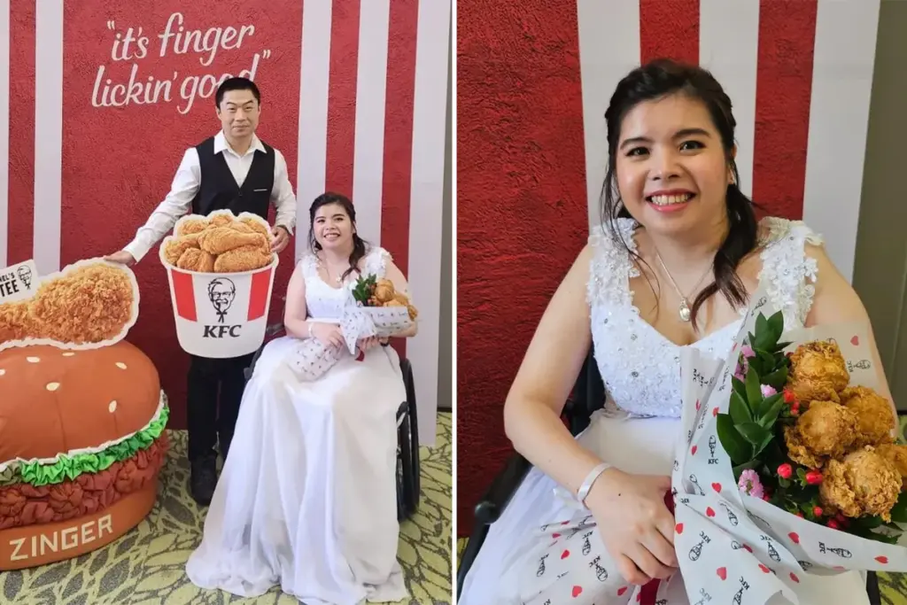 Mijn KFC-thema bruiloft: boeket van gefrituurde kip, Zinger-zitzak en volop comfortfood