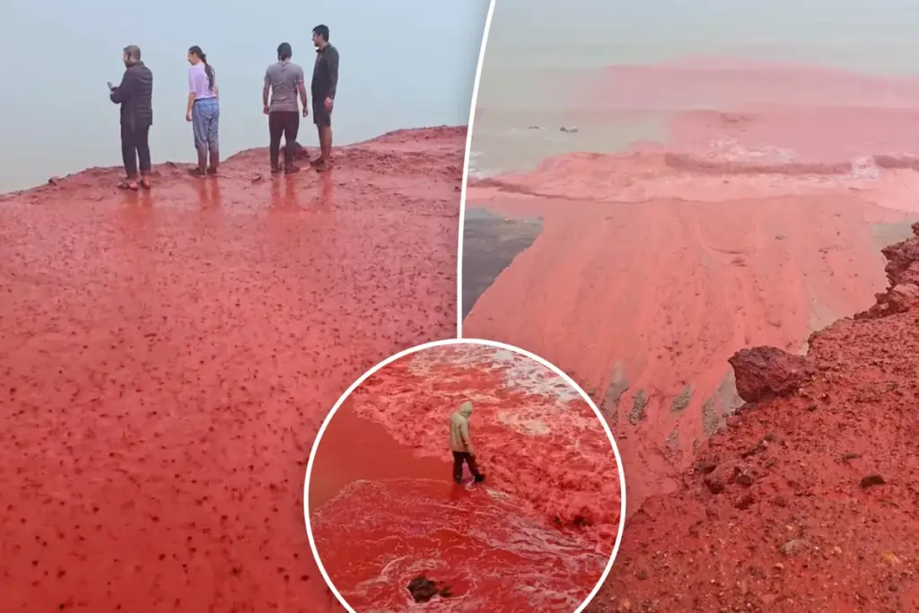 Bizar ‘bloedregen’-fenomeen laat stranden op Iraans eiland knalrood kleuren